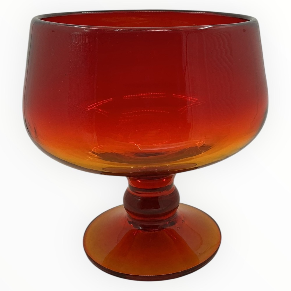 Blenko Tangerine Hand Blown Glass Footed Bowl Pedestal Compote 6.75 inches MCM - Picture 3 of 11